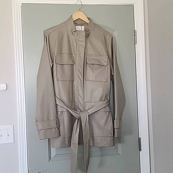 Faux leather belted Anorak jacket tan taupe Womens XXL - Picture 2 of 7